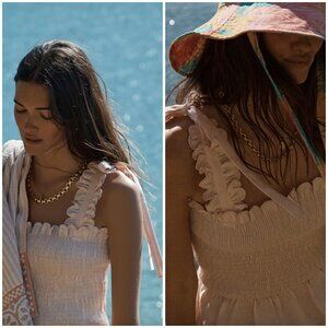 EPHEMERA US 6 UK 10‎ Blush Ruffle Scalloped Hem Linen Embroidered Bow Tie Top